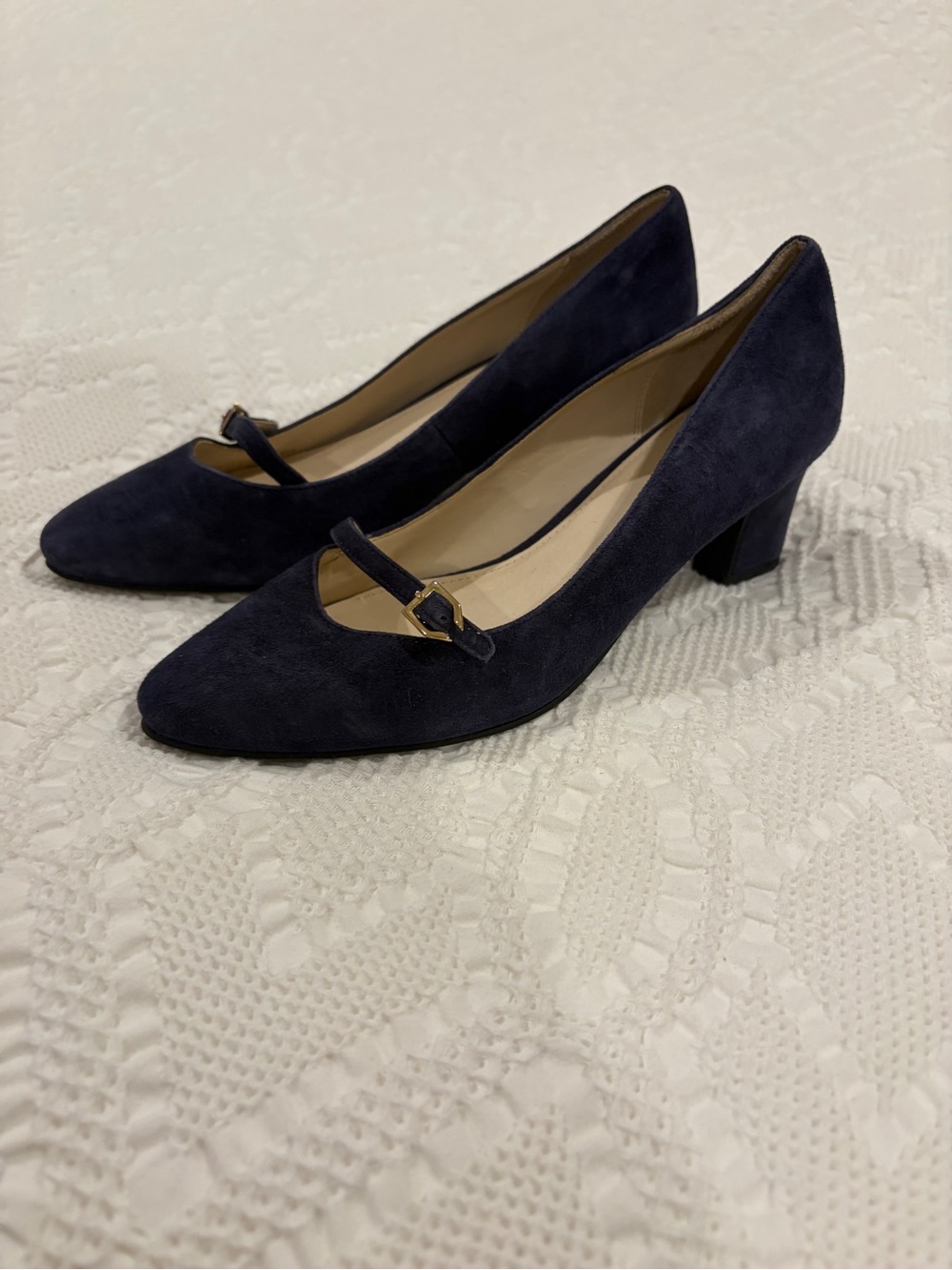 Cole Haan Navy Suede Mary Jane Block Heel Pumps, NWOT